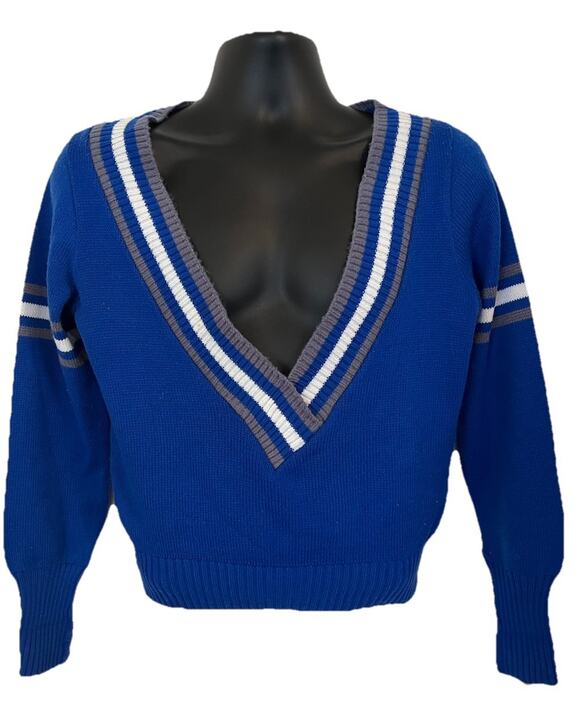 Allion Sweaters - VTG 80s-90s Varsity Sweater Royal Blue White Cheer Tennis Cotton Preppy Academia